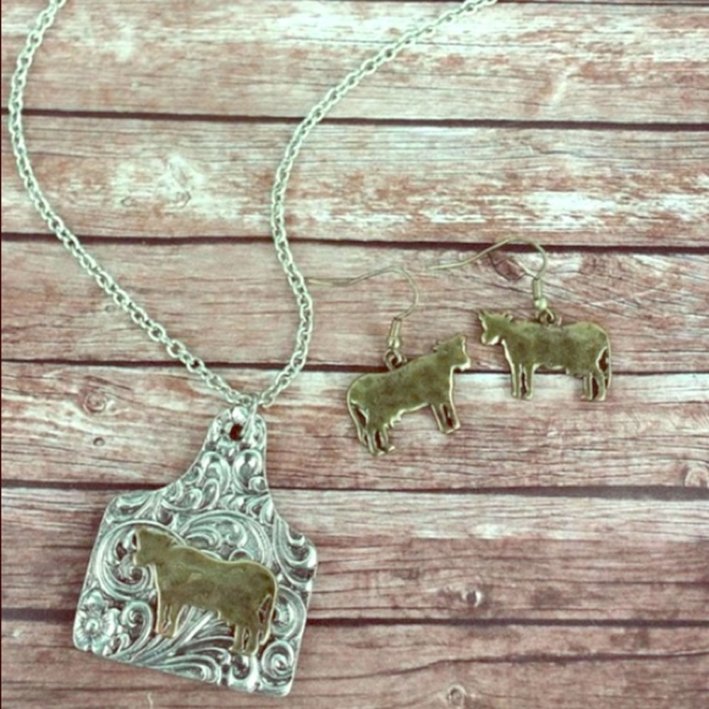 Silver scroll and cooper cow tag necklace set